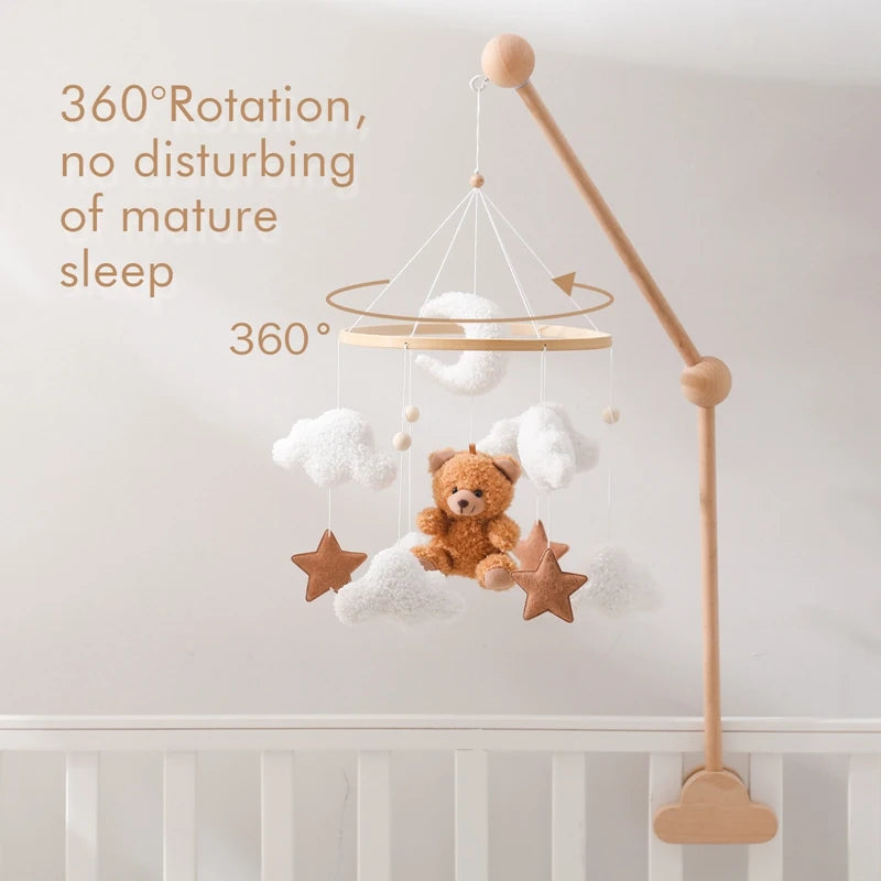 Wooden Baby Crib Mobile with Musical Teddy Bear Dolls