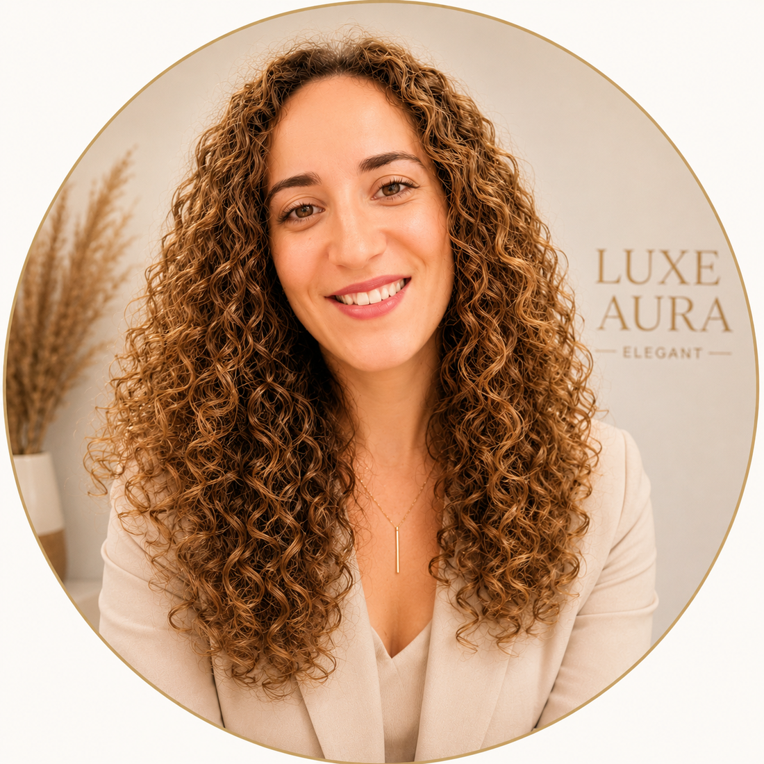 Founder of Luxe Aura Elegant smiling warmly in a calm and elegant environment for motherhood and baby lifestyle brand