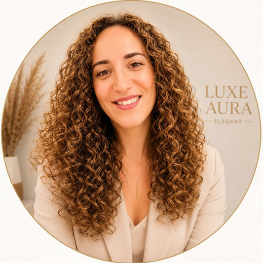 Founder of Luxe Aura Elegant smiling warmly in a calm and elegant environment for motherhood and baby lifestyle brand