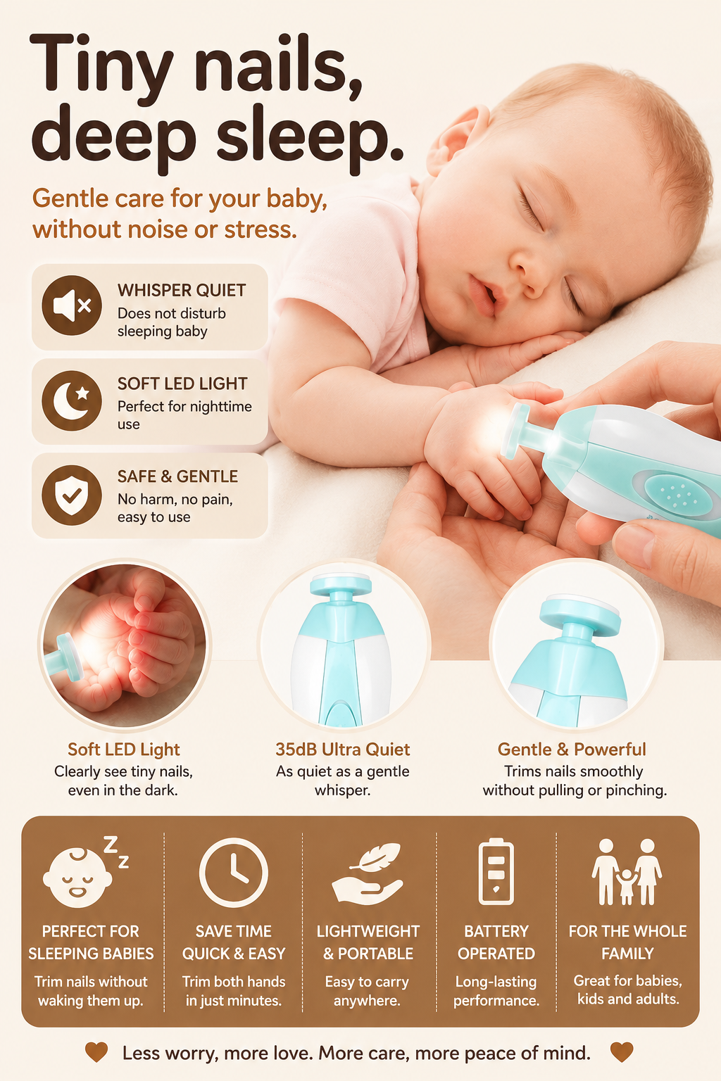 GentleGlow™ Baby Nail Trimmer safely trimming a sleeping baby's nails with soft LED light and ultra-quiet operation.