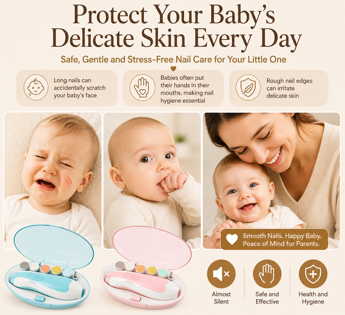 Baby nail care solution designed to help prevent scratches and protect delicate skin with safe and gentle trimming.