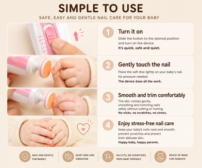 Step-by-step guide showing how to safely trim baby nails with the GentleGlow™ electric nail trimmer.