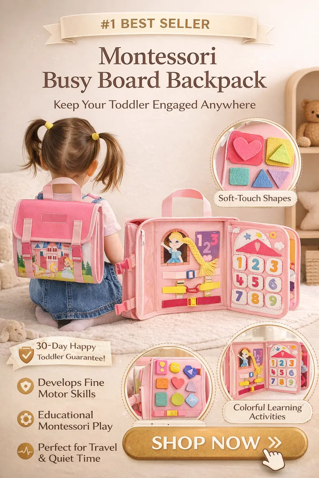Montessori Busy Board Backpack for toddlers with educational features and a child using it.