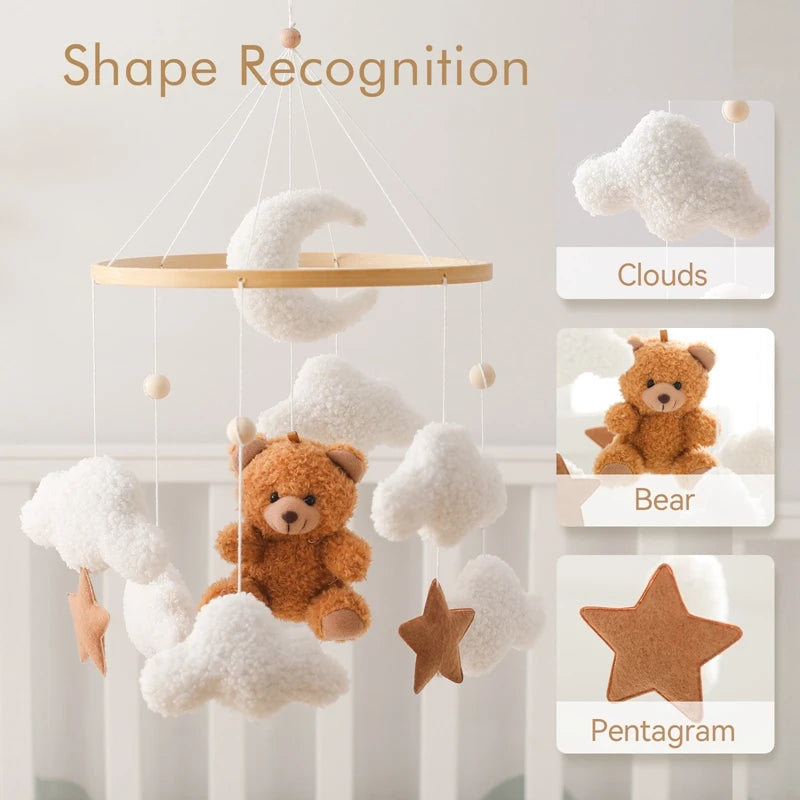 Wooden Baby Crib Mobile with Musical Teddy Bear Dolls