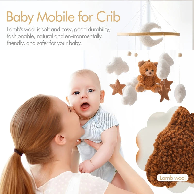 Wooden Baby Crib Mobile with Musical Teddy Bear Dolls