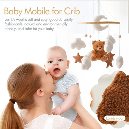 Wooden Baby Crib Mobile with Musical Teddy Bear Dolls