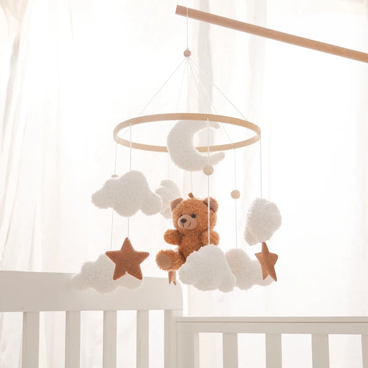 Wooden Baby Crib Mobile with Musical Teddy Bear Dolls
