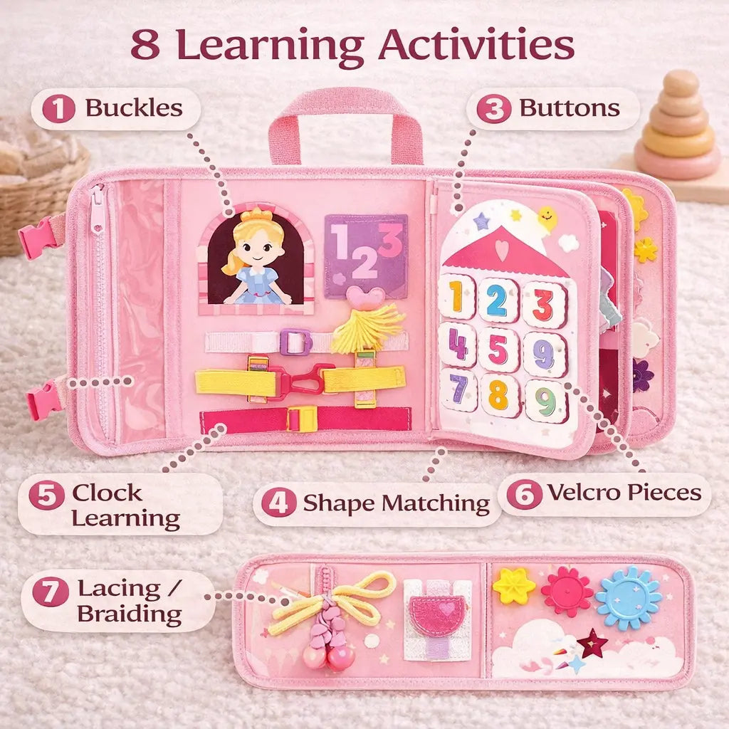 Pink luxe_aura_montessori-busy-board-backpack educational toy book with various learning activities on a soft surface.