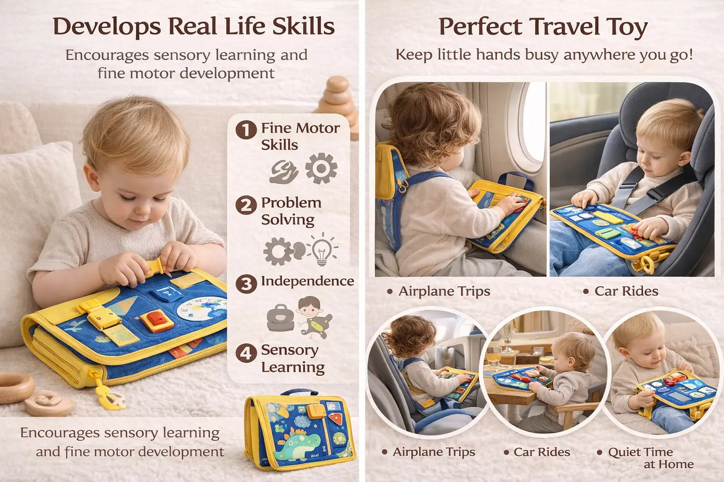 Child using a travel activity book with text highlighting skills developed and scenarios for use.