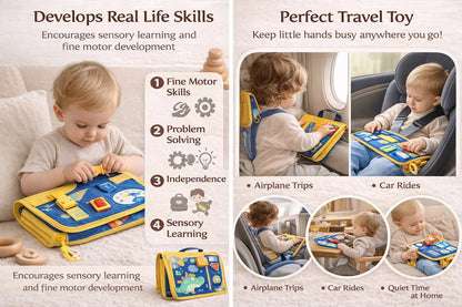 Child using a travel activity book with text highlighting skills developed and scenarios for use.