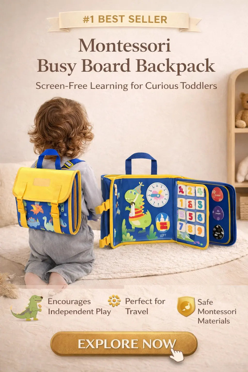 Montessori Busy Board Backpack with child wearing it, screen-free learning for toddlers.