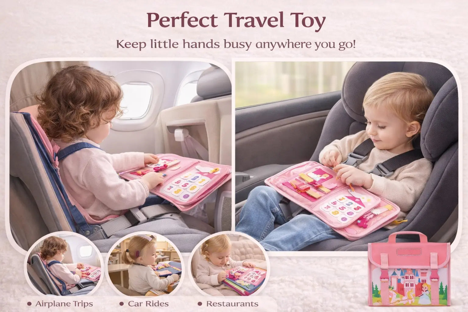 Children using a travel toy in various settings with text 'Perfect Travel Toy' and 'Keep little hands busy anywhere you go!'.
